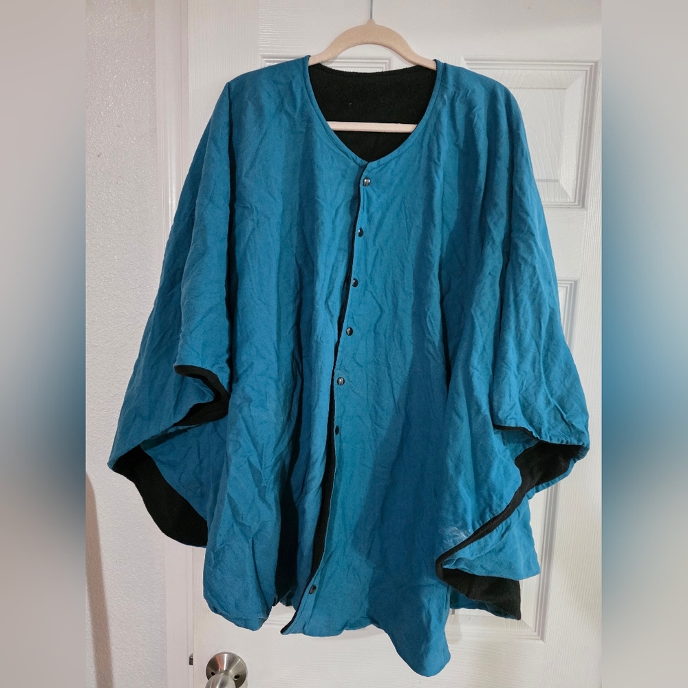 Vintage 80s 90s Reversible Poncho Cape Fleece Blanket Western Cottagecore Teal
